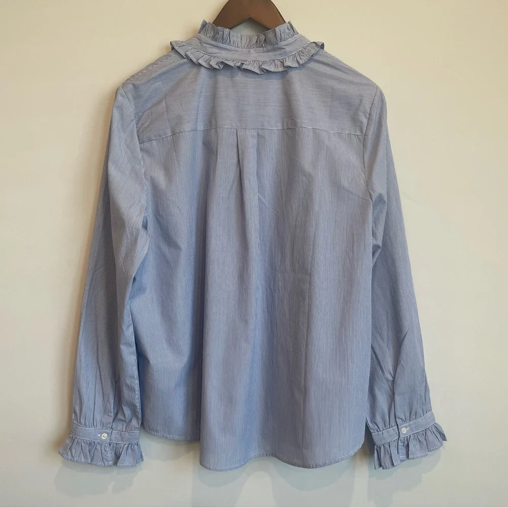 J. Crew Women's Blue and White Stripe Ruffle Button Down Shirt - Picture 4 of 9